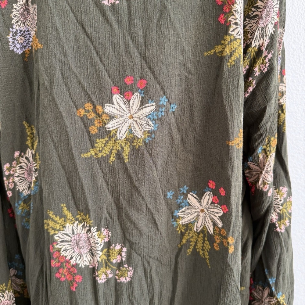 Floral Tie-Neck Olive Green Women's Tunic Top - Picture 8 of 9